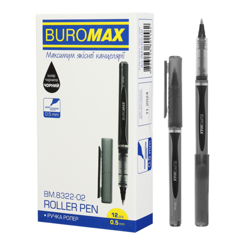 Ручка ролер 0.5 мм, чорний, BUROMAX, BM.8322-02